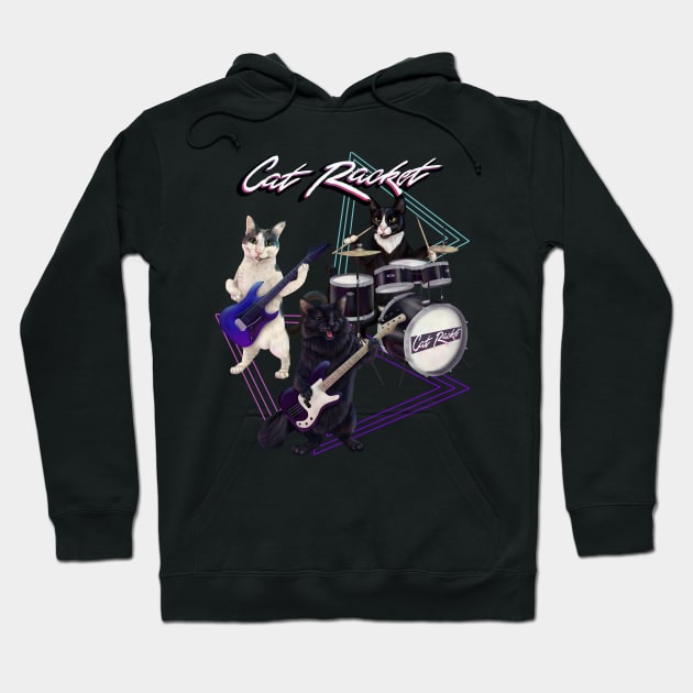 Cat Racket- Cat band on guitar, bass, and drums Hoodie by Mehu Art